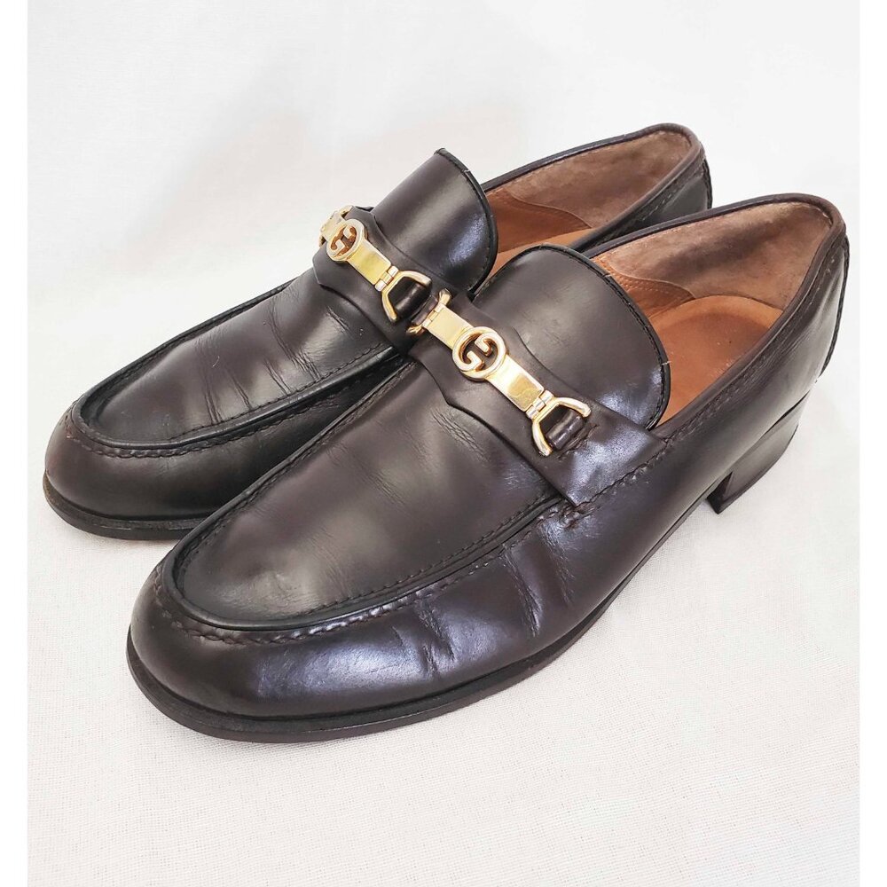 Vintage Gucci Men's Dark Brown Leather Loafers Shoes with Gold GG Buckle 42.5 - Picture 5 of 12